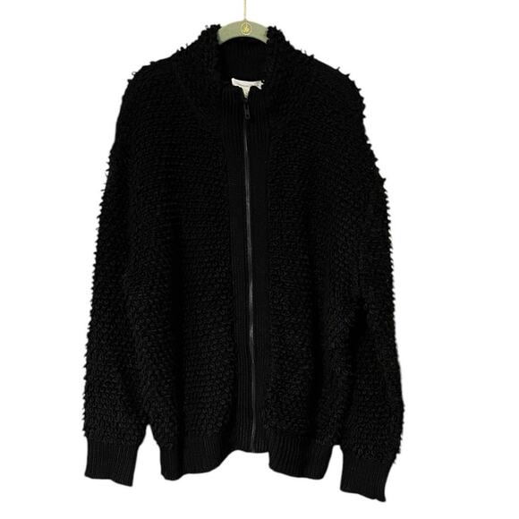 Treasure & Bond Womens Black Fuzzy Cozy Loop Yarn Front Zip Cardigan Large NWT - Picture 1 of 9